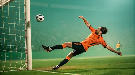 A dynamic moment captures a soccer player in an orange jersey diving to save a goal, set against a dramatic stadium backdrop. A stunning 4K Ultra HD PC desktop wallpaper.