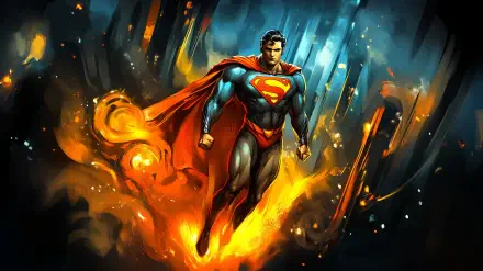 A vibrant HD wallpaper featuring Superman in his iconic blue and red suit, dynamically posed against a backdrop of swirling flames and a mystical forest.