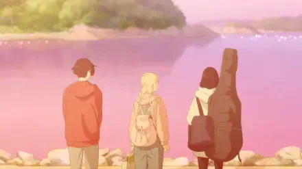 An HD anime wallpaper titled The Colors Within, featuring three characters facing a serene pink-hued lake, surrounded by lush greenery, evoking a sense of tranquility and connection.