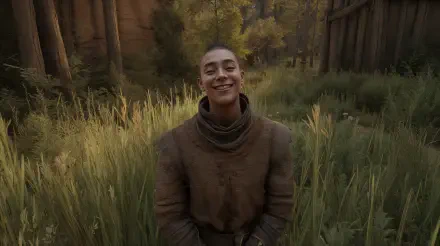 A smiling NPC in a lush forest setting, captured in stunning 4K Ultra HD. Surrounded by tall grass and trees, the character exudes warmth and charm.