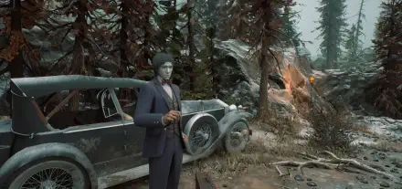 A character in formal attire stands next to a vintage car in a misty forest, evoking the eerie atmosphere of the video game Stygian: Outer Gods. HD PC desktop wallpaper.