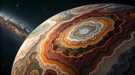 A stunning 4K Ultra HD desktop wallpaper showcasing a vibrant, layered planet with intricate patterns and rich colors, set against a backdrop of deep space filled with stars.