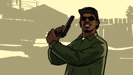 A gangster character from Grand Theft Auto: San Andreas, holding a pistol and dressed in green, set against an urban backdrop. This image serves as a 4K Ultra HD wallpaper.