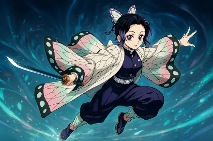 Shinobu Kochou from Demon Slayer: Kimetsu no Yaiba strikes a dynamic pose, wielding her sword against a swirling, colorful background in this stunning 4K Ultra HD wallpaper.