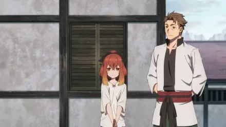 Anime scene from From Old Country Bumpkin to Master Swordsman, featuring a young girl and a confident young man against a rustic backdrop, presented as an HD desktop wallpaper.