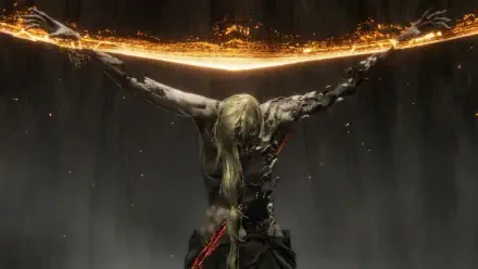 A dramatic HD wallpaper featuring Queen Marika the Eternal from the video game Elden Ring, showcased with an ethereal golden glow emanating from her raised arms.