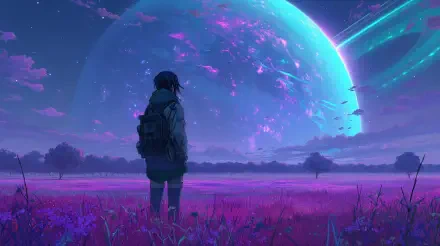 Aesthetic anime scene featuring a figure standing in a vibrant pink field, gazing at a stunning celestial backdrop with a large planet and colorful sky. 4K Ultra HD wallpaper.