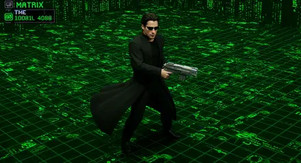 Neo from The Matrix stands ready with a gun in a digital landscape, featuring a striking green matrix code in the background. 4K Ultra HD wallpaper for PC desktops.