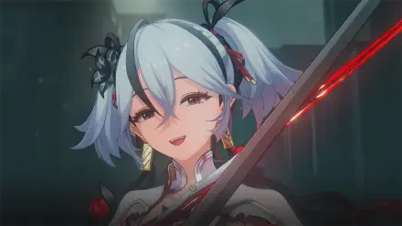 Camellya from Wuthering Waves, showcasing vibrant 8K Ultra HD animation with a dynamic pose and a sword, embodies the game's artistic style and immersive world.