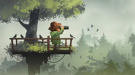 A serene scene of a birdwatcher in a treehouse, binoculars in hand, surrounded by lush greenery and flying birds, captured in vibrant 4K Ultra HD.