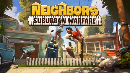 HD wallpaper featuring Neighbors: Suburban Warfare, showcasing colorful characters engaged in playful chaos in a vibrant suburban setting with classic houses and a white picket fence.