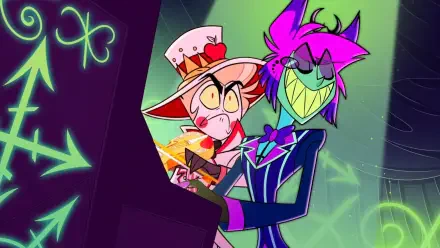 An HD wallpaper featuring characters Alastor and Lucifer from the TV show Hazbin Hotel, showcasing their vibrant designs and dynamic poses against a colorful background.