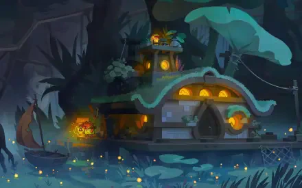 A whimsical night scene featuring a frog-themed village, illuminated windows, and glowing fireflies, set in a lush, enchanting landscape. An artistic HD wallpaper for a magical atmosphere.