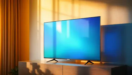 A modern television sits atop a sleek wooden cabinet, illuminated by soft natural light, showcasing a vibrant 4K Ultra HD background with calming blue hues.