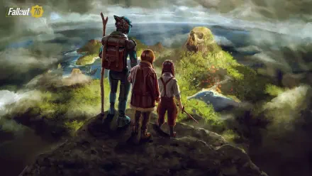 A stunning HD desktop wallpaper from Fallout 76, featuring a trio of adventurers gazing over a lush, post-apocalyptic landscape with an ominous skull-like mountain in the distance.
