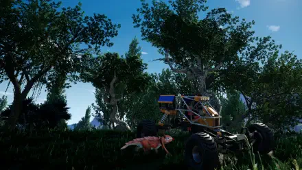 HD PC desktop wallpaper from the video game Satisfactory, featuring a detailed off-road vehicle and lush forest environment under a clear blue sky.