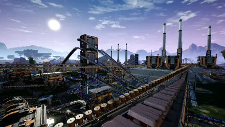 4K Ultra HD desktop wallpaper showcasing an industrial factory setup from the video game Satisfactory, featuring conveyor belts, machinery, and a distant mountainous landscape.