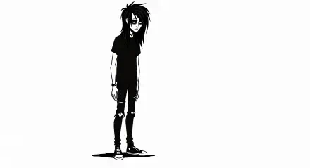 Emo-style black and white illustration of a slender figure with messy hair and ripped jeans, designed as a 4K Ultra HD PC desktop wallpaper and background.