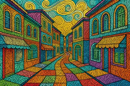 A vibrant street scene depicted in swirling, colorful patterns, designed as a 4K Ultra HD PC desktop wallpaper and background with bold, intricate details.