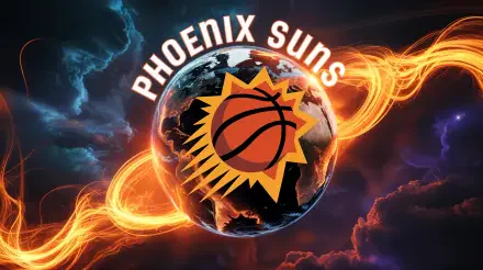 A fiery Phoenix Suns logo encircles a glowing Earth against a cosmic background, rendered in stunning 4K Ultra HD for a PC desktop wallpaper.