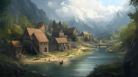 HD desktop wallpaper depicting a serene medieval village by a river, nestled at the base of towering mountains under a partly cloudy sky.