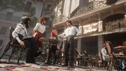 4K Ultra HD wallpaper from the video game Clair Obscur: Expedition 33, featuring characters gathered at an outdoor restaurant in a sunlit urban setting.