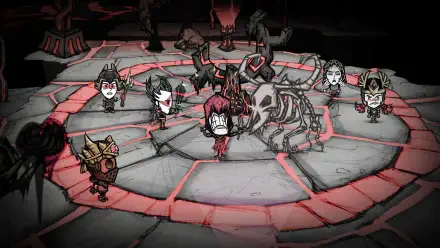 HD desktop wallpaper featuring characters and creatures from the video game Don't Starve Together in a dark, eerie setting with a glowing circular platform.