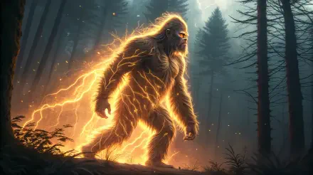 4K Ultra HD PC desktop wallpaper of a glowing, electrified Bigfoot walking through a dark, misty forest.
