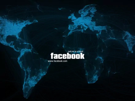 A blue-themed HD wallpaper featuring a digital map of the world with facebook prominently displayed, representing internet technology and social connectivity.