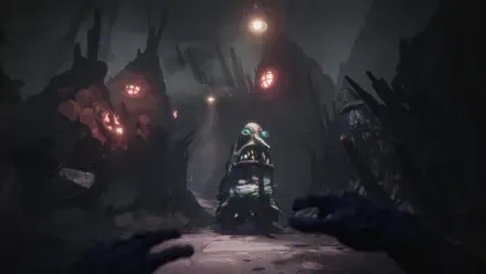 POV from the video game The Midnight Walk showing a dark, eerie forest path with glowing eyes and a mysterious creature in 4K Ultra HD resolution.