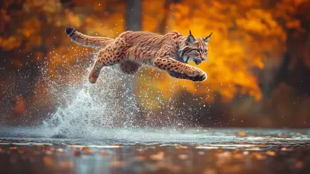 A lynx captured mid-jump over water in vibrant autumn wilderness, showcasing dynamic wildlife hunting action in this HD desktop wallpaper.