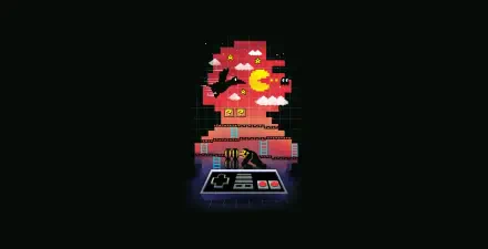 HD PC desktop wallpaper featuring retro gaming icon Super Mario built from pixelated elements and a classic video game controller against a black background.