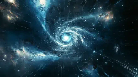 HD PC desktop wallpaper featuring a glowing light portal swirling in deep space, surrounded by stars and cosmic clouds.