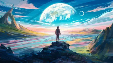 Artistic sci-fi HD desktop wallpaper of a lone figure standing on a rocky path, overlooking an alien planet with vibrant colors and distant moons in the sky.