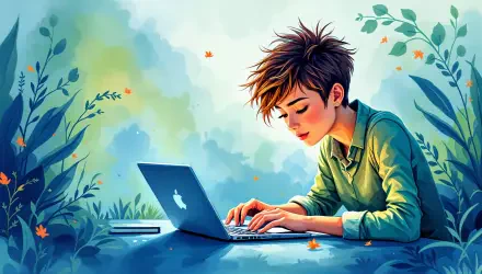 Digital art of a focused coder typing on a laptop, surrounded by nature, rendered in vibrant colors as a 4K Ultra HD PC desktop wallpaper and background.