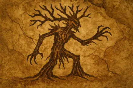 4K Ultra HD PC desktop wallpaper featuring an ancient, textured treant figure etched into a stone-like surface, blending nature and fantasy elements.