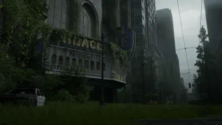 HD PC desktop wallpaper showcasing urban decay in a post-apocalyptic city from the video game The Last of Us Part II.