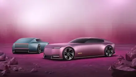 A sleek pink Jaguar Type 00 and a blue car set against a futuristic pink background, rendered in 4K Ultra HD for a PC desktop wallpaper.