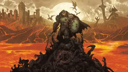 4K Ultra HD gaming art wallpaper of DOOM: The Dark Ages, featuring a heavily armored Doom Slayer standing atop a pile of defeated enemies against a fiery volcanic battlefield.