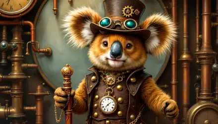 A steampunk koala wearing goggles and a top hat, with a clock and mechanical background in 4K Ultra HD PC desktop wallpaper quality.