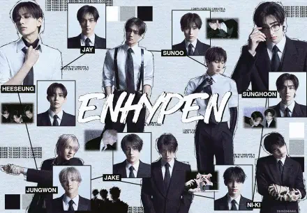 HD PC desktop wallpaper featuring the music group ENHYPEN, showcasing all members in stylish black and white suits with their names labeled.