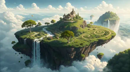 A 4K Ultra HD PC desktop wallpaper featuring a vibrant flying island with waterfalls, lush greenery, winding paths, and a castle above the clouds.