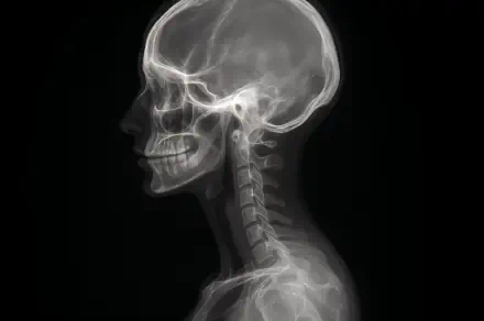 X-ray image of a human skull and cervical spine in profile, rendered as a 4K Ultra HD PC desktop wallpaper and background with detailed bone structure visibility.