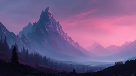 4K Ultra HD PC desktop wallpaper featuring a sharp mountain peak at dawn, bathed in soft pink and purple hues with misty valleys below.