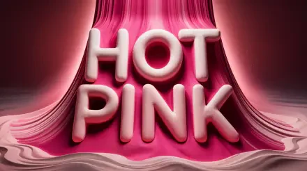 3D text spelling 'HOT PINK' in bold, rounded letters set against a flowing hot pink fabric background, rendered in vivid 4K Ultra HD for a PC desktop wallpaper.