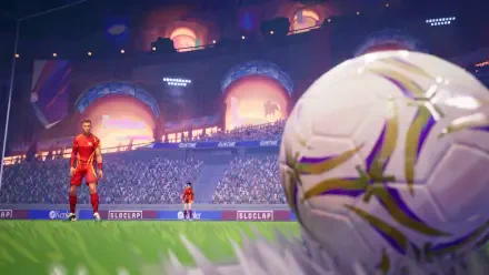 HD PC desktop wallpaper featuring a close-up of a soccer ball on a stadium field, showcasing vibrant lighting and the video game theme REMATCH.