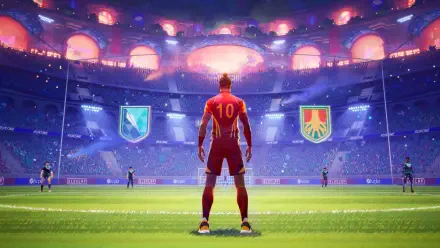 HD PC desktop wallpaper of a video game scene featuring a player in a red jersey standing in a vibrant stadium, with glowing team crests and REMATCH atmosphere.