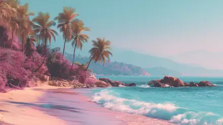 HD landscape painting of a serene beach vacation scene with palm trees, ocean waves, and soft summer vibes, designed as a PC desktop wallpaper and background.