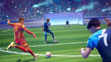 4K Ultra HD PC desktop wallpaper featuring a vibrant video game scene from REMATCH, showcasing intense soccer action in a packed stadium under bright lights.
