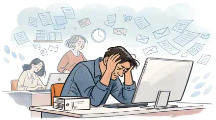 4K Ultra HD desktop wallpaper depicting workplace stress with a man overwhelmed by tasks, surrounded by floating documents and coworkers in a busy office setting.